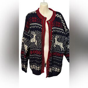 REI Vintage Cardigan Sweater Red White Blue Fair Isle Nordic Wool
